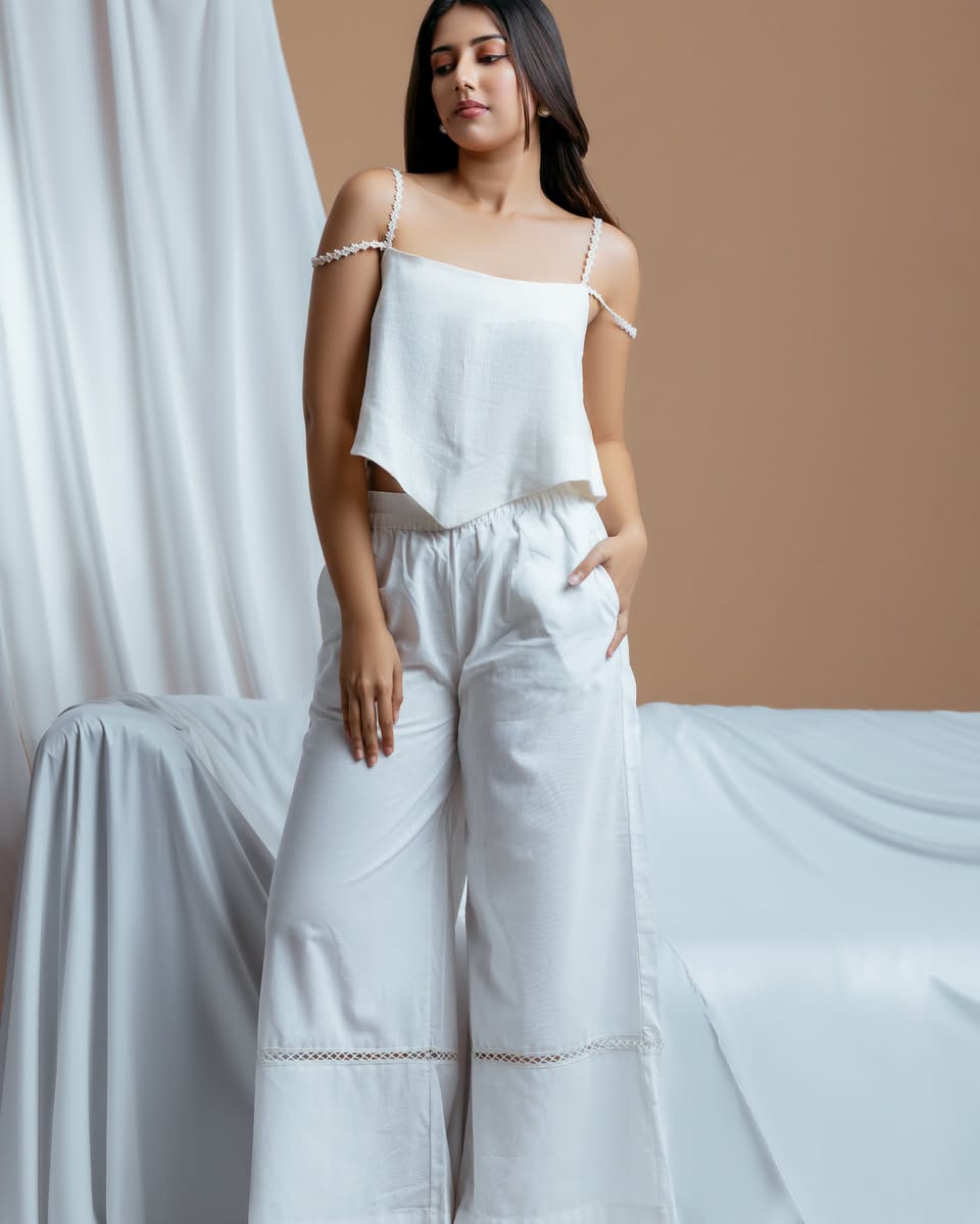 Handkerchief Hem Linen Crop Top with Lace Straps