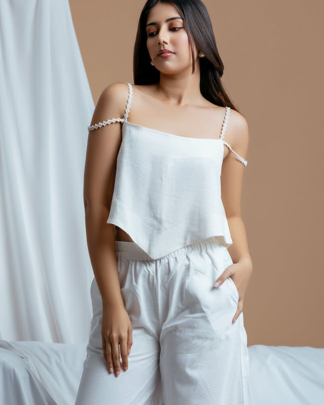 Handkerchief Hem Linen Crop Top with Lace Straps